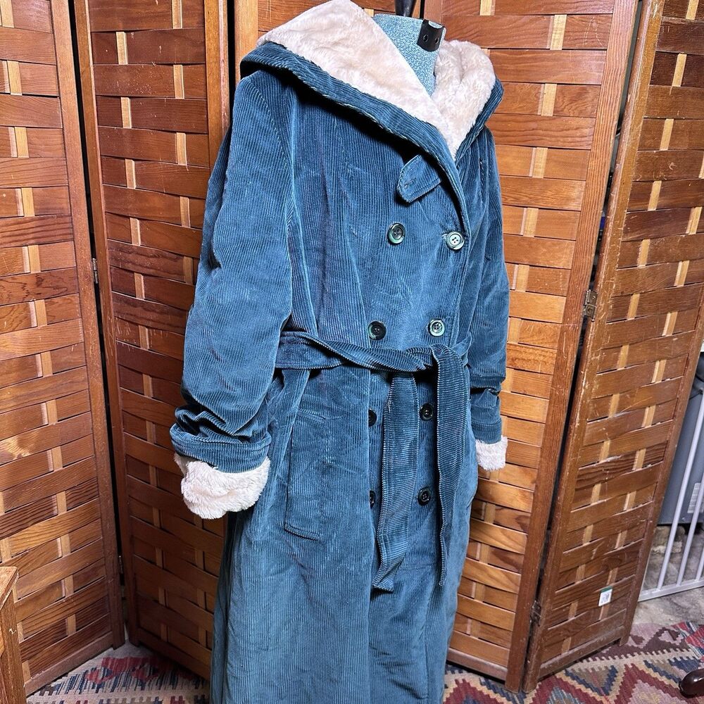 Weatherbee Women’s Corduroy Coat Teal Green Faux Fur Lined Vintage